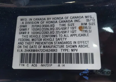 2012 Honda Cr-V from USA, damaged, VIN 2HKRM4H72BH634843